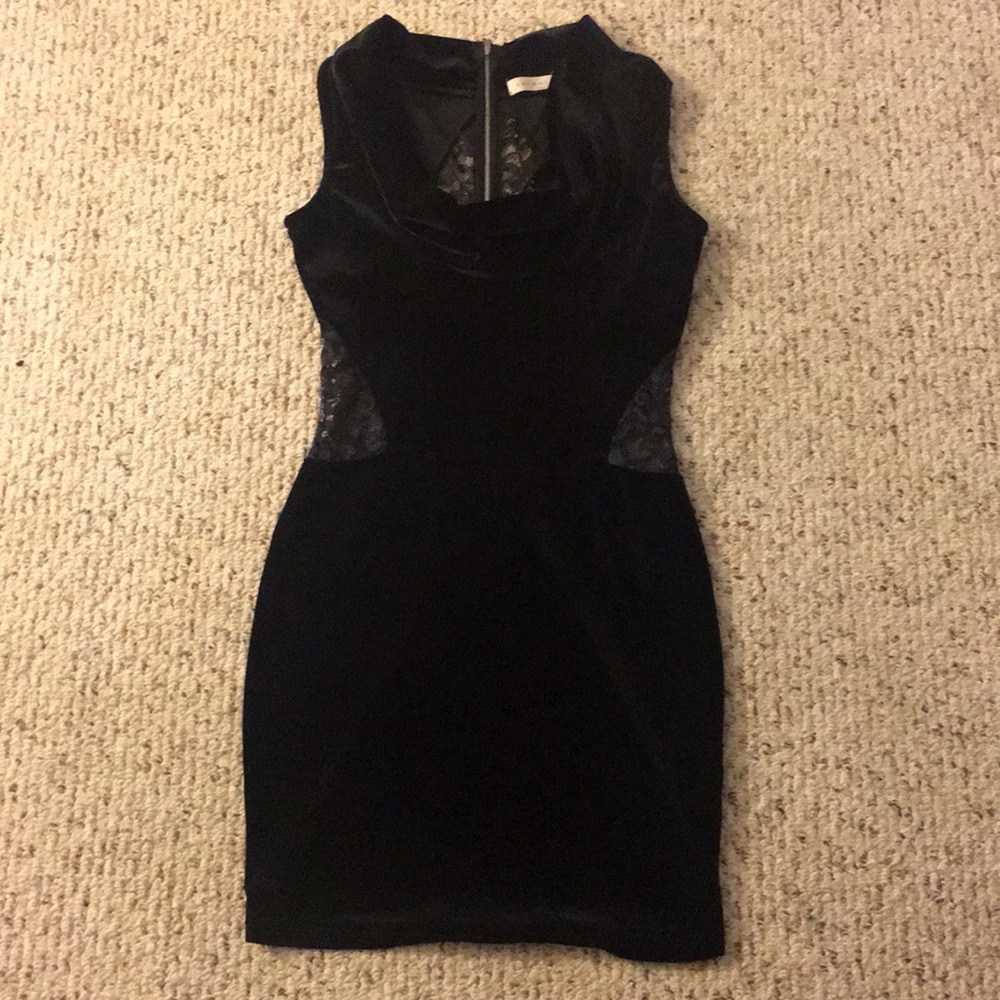 Black velvet and lace cowl neck dress